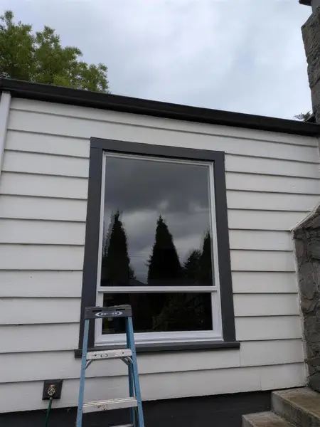 Finished window with dark charcoal trim on white lap siding, ladder still standing after the install