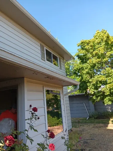 Cream-sided house with new windows and a crew member working at the door