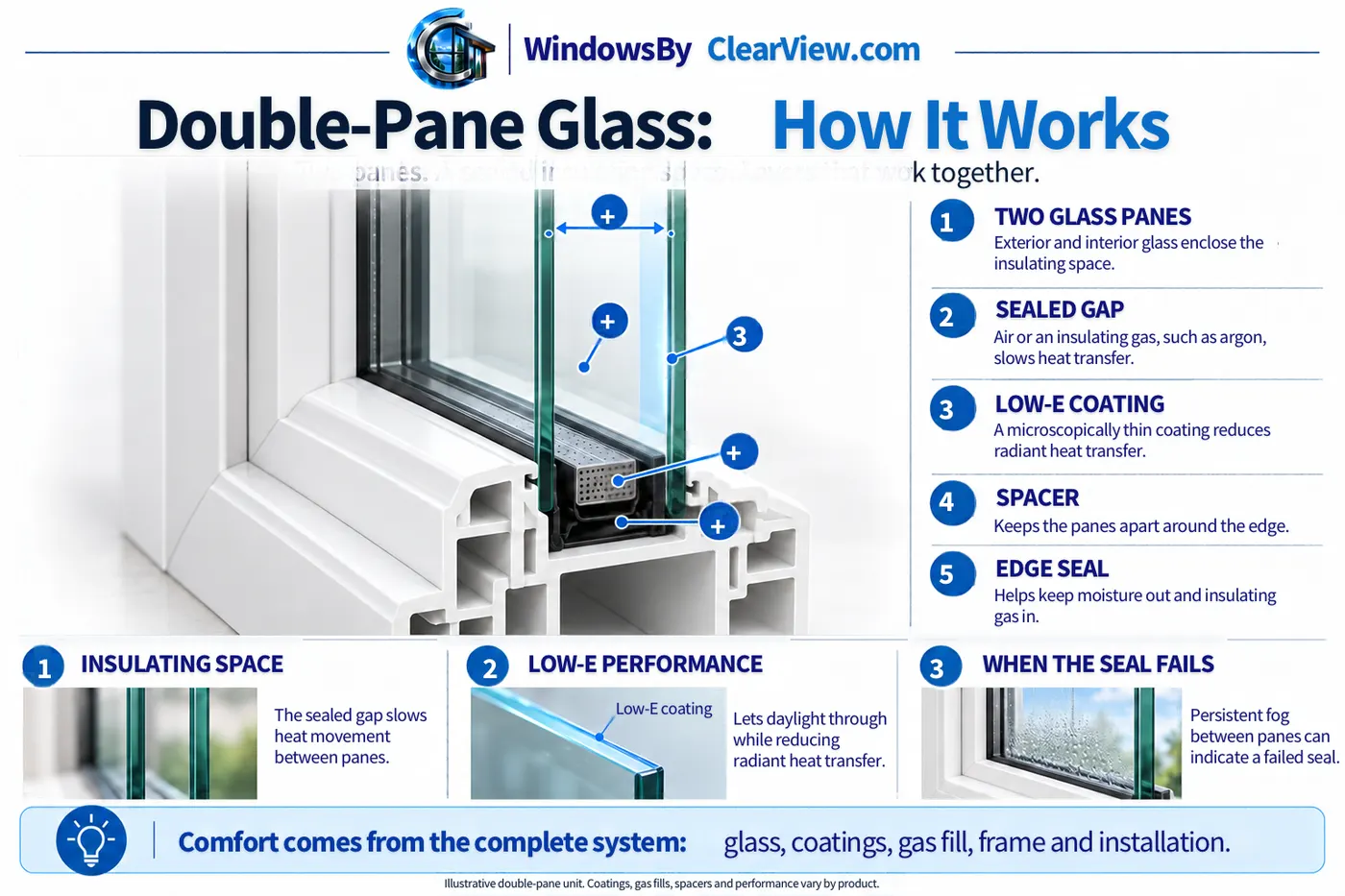 Double-Pane Glass: How It Works. A cutaway of an insulated glass unit in a white vinyl frame, with numbered callouts: 1 two glass panes, the exterior and interior glass that enclose the insulating space; 2 the sealed gap, where air or an insulating gas such as argon slows heat transfer; 3 the Low-E coating, a microscopically thin coating that reduces radiant heat transfer; 4 the spacer that keeps the panes apart around the edge; 5 the edge seal that helps keep moisture out and insulating gas in. Below: the insulating space slows heat movement between the panes, Low-E performance lets daylight through while reducing radiant heat transfer, and persistent fog between the panes can indicate a failed seal. Comfort comes from the complete system: glass, coatings, gas fill, frame and installation.