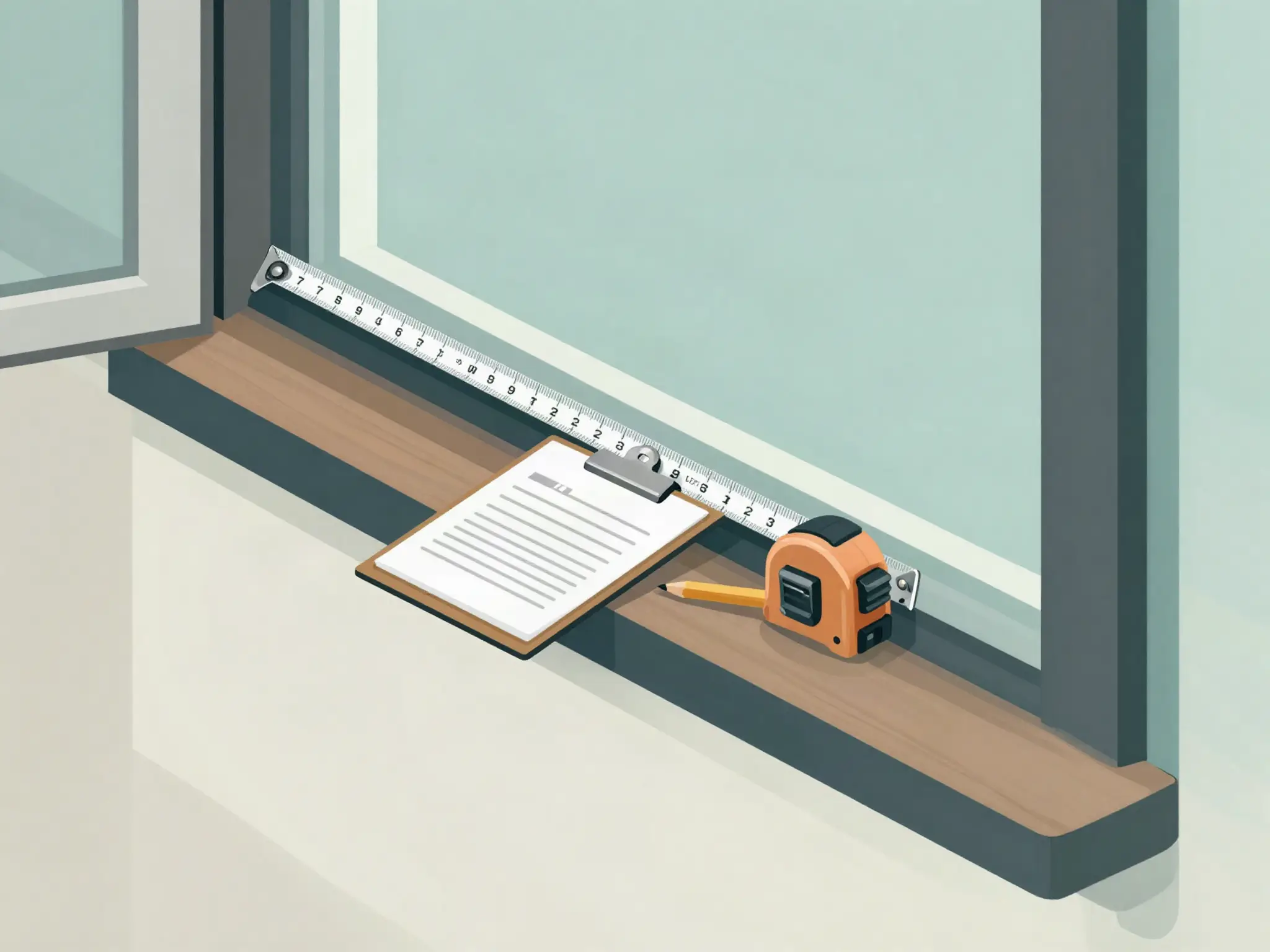 Illustration of a tape measure and a clipboard with an estimate sheet resting on a window sill, representing the measure a real quote starts from.