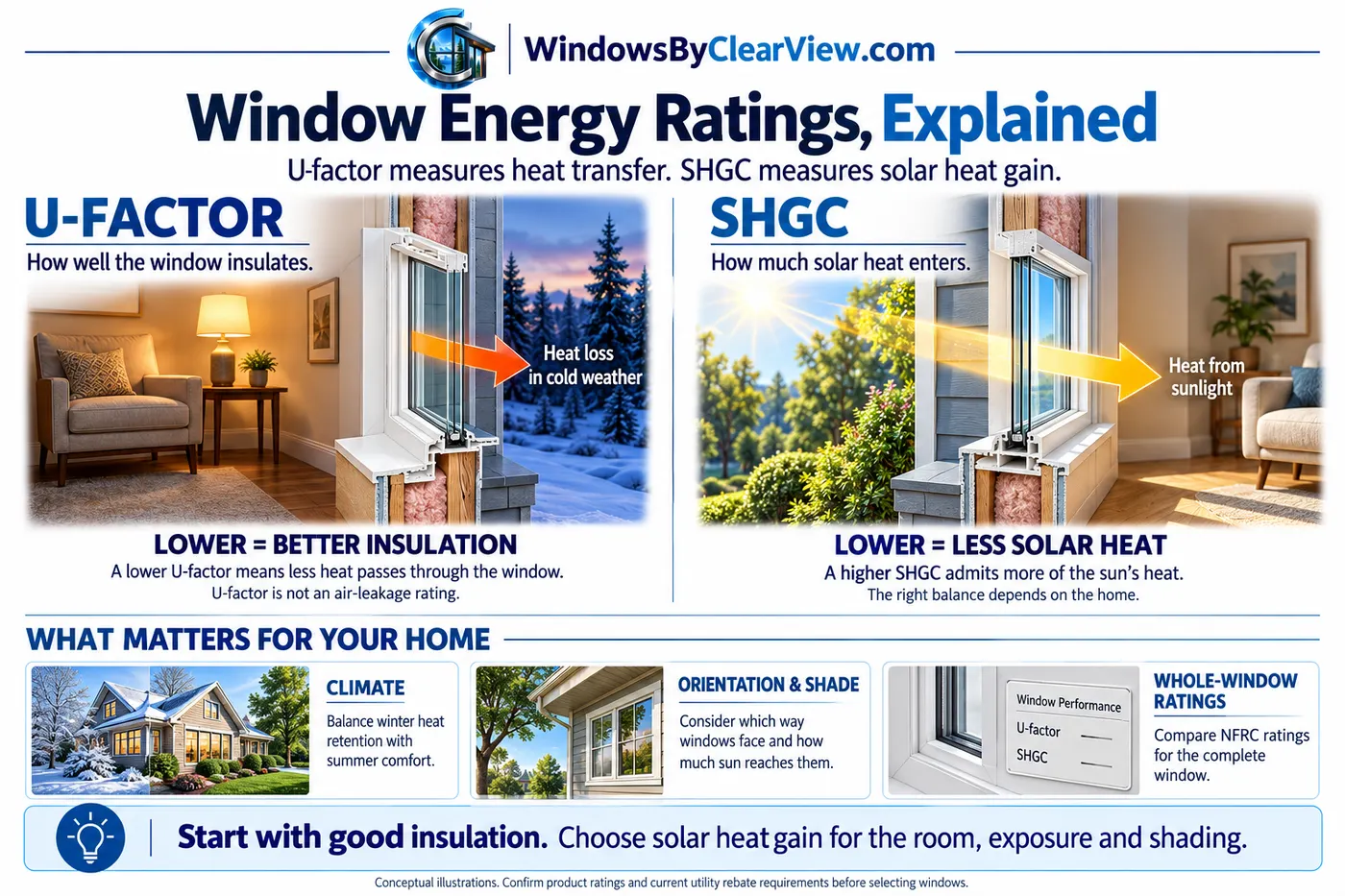 Window Energy Ratings, Explained. U-factor measures heat transfer: how well the window insulates. Lower means better insulation, because less heat passes through the window; U-factor is not an air-leakage rating. SHGC, the solar heat gain coefficient, measures how much solar heat enters: a lower SHGC admits less of the sun's heat and a higher SHGC admits more, and the right balance depends on the home. What matters for your home: climate, balancing winter heat retention with summer comfort; orientation and shade, meaning which way windows face and how much sun reaches them; and whole-window ratings, comparing NFRC ratings for the complete window. Start with good insulation, then choose solar heat gain for the room, exposure and shading.