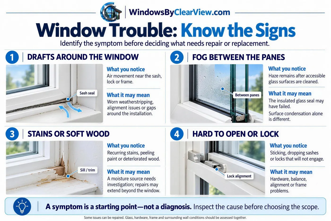 Window Trouble: Know the Signs. Identify the symptom before deciding what needs repair or replacement. Four common signs, each with what you notice and what it may mean: 1 drafts around the window, air movement near the sash, lock or frame, which may mean worn weatherstripping, alignment issues or gaps around the installation; 2 fog between the panes, haze that remains after accessible glass surfaces are cleaned, which may mean the insulated glass seal has failed, while surface condensation alone is different; 3 stains or soft wood, recurring stains, peeling paint or deteriorated wood, which means a moisture source needs investigation and repairs may extend beyond the window; 4 hard to open or lock, sticking, dropping sashes or locks that will not engage, which may mean hardware, balance, alignment or frame problems. A symptom is a starting point, not a diagnosis: inspect the cause before choosing the scope.